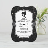 Invitation Fancy Black pailletés poupée anniversaire (Debout devant)