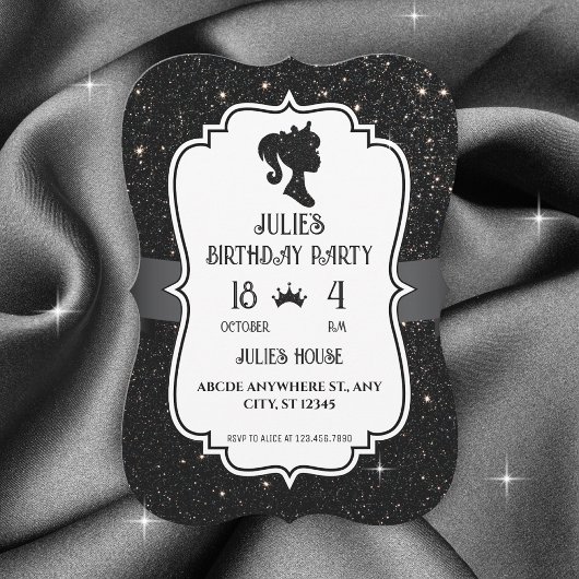 Invitation Fancy Black pailletés poupée anniversaire