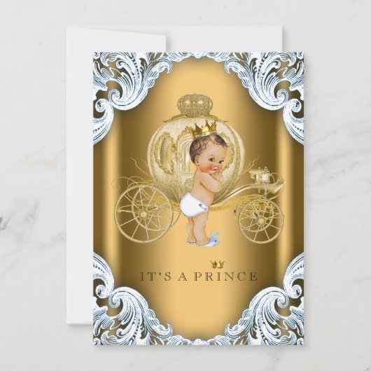 Invitation Fancy Blue et Gold Carriage Baby shower Prince (Devant)