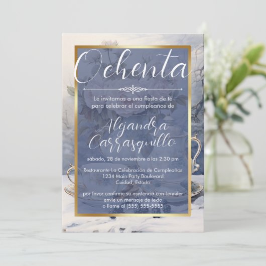 Invitation Fancy Blue Gold Tea Party espagnole 80e anniversai (Debout devant)