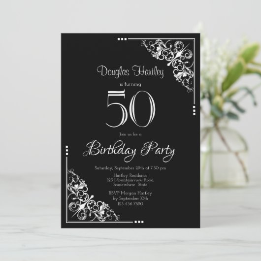 Invitation Fancy Bordure noir blanc 50e anniversaire (Debout devant)