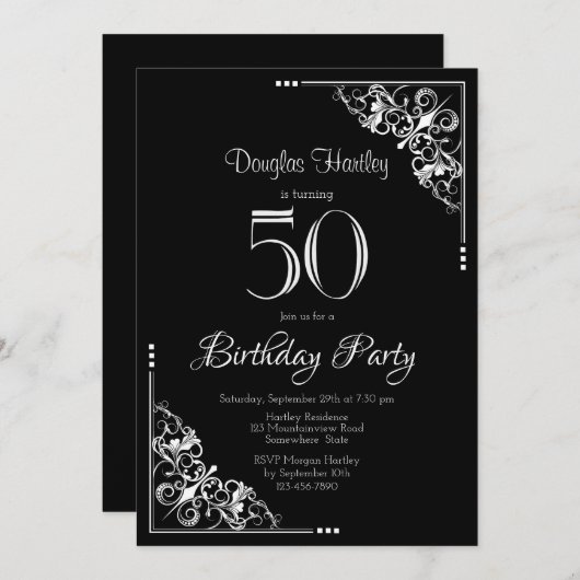 Invitation Fancy Bordure noir blanc 50e anniversaire (Devant / Derrière)