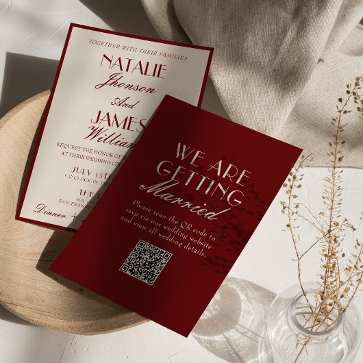 Invitation Fancy Burgundy Cream Old Money QR Code Wedding