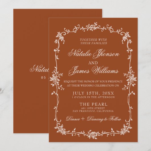Invitation Fancy Burnt Orange Floral Boho Terracotta Wedding (Devant / Derrière)