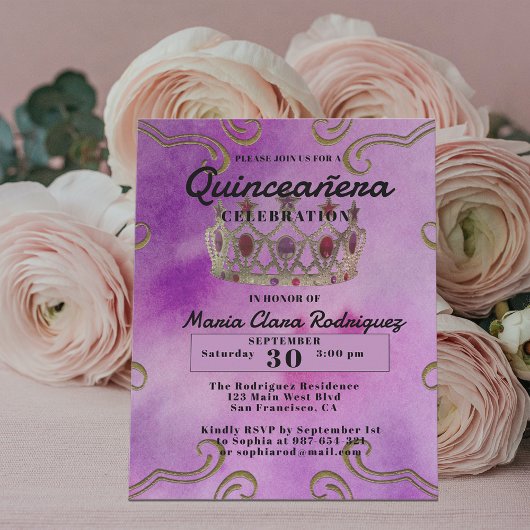 Invitation Fancy Couronne Bijoux sur Quinceañera Rose Invitat