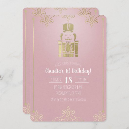 Invitation Fancy Elegant Pink & Gold Nutcracker 1er anniversa (Devant / Derrière)