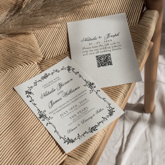 Invitation Fancy Floral Black White Botanical QR Code Wedding