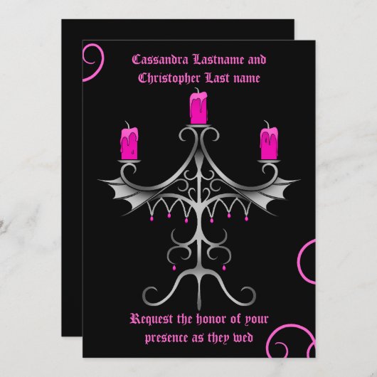 Invitation Fancy gothique candélabre rose chaud sur mariage n (Devant / Derrière)
