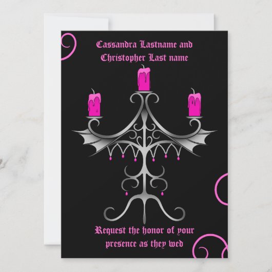 Invitation Fancy gothique candélabre rose chaud sur mariage n (Devant)