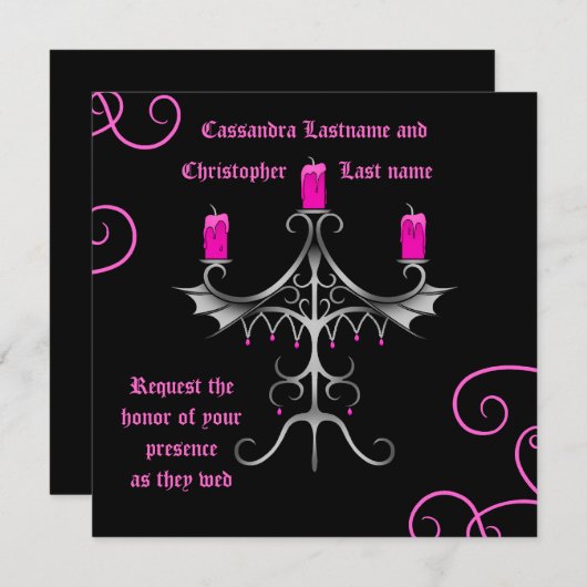 Invitation Fancy gothique chandelabra rose chaud sur la nupti (Devant / Derrière)