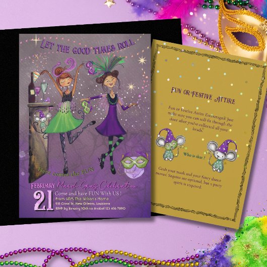Invitation Fancy Mardi Gras Dancing Girls Party Purple