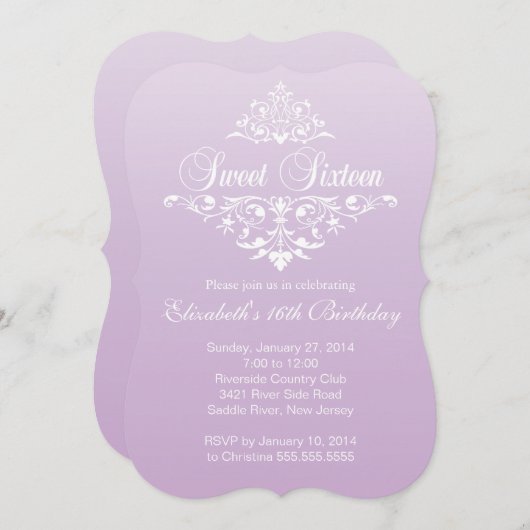 Invitation Fancy moderne Sweet sixteen violet fête d'annivers (Devant / Derrière)