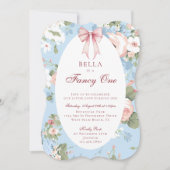 Invitation Fancy One Rose Blue Bow Floral 1er Anniversaire (Devant)
