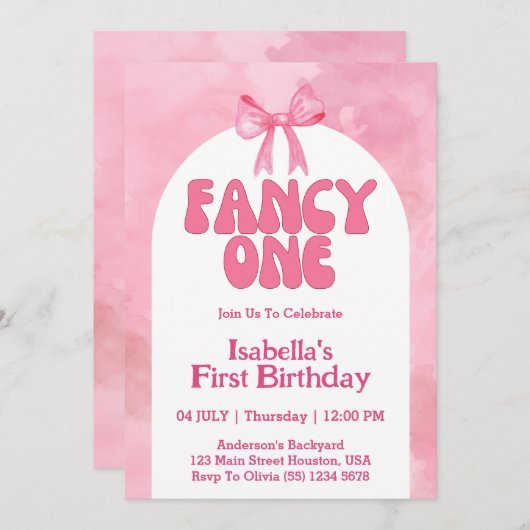 Invitation Fancy One Rose Bow Coquette Fille 1er anniversaire (Devant / Derrière)