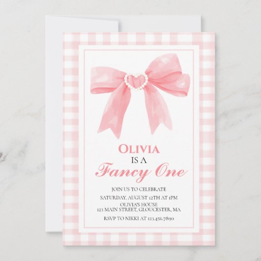 Invitation Fancy One Rose Bow preppy Coquette 1er anniversair (Devant)