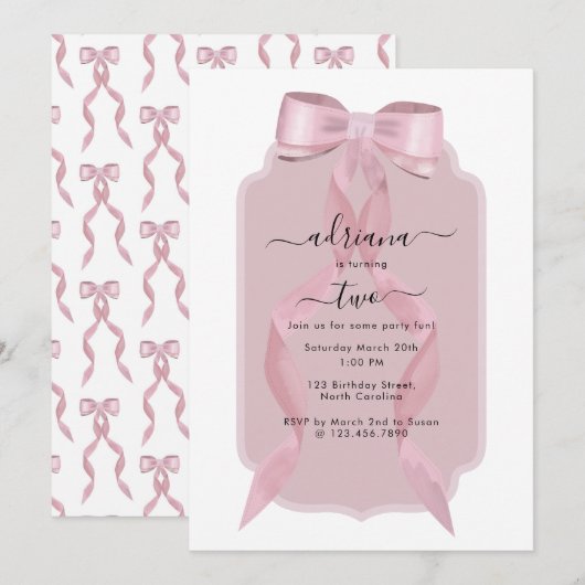 Invitation Fancy Pink Bow Girly Coquette Anniversaire Invitat (Devant / Derrière)