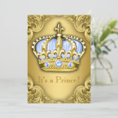 Invitation Fancy Prince Baby shower Bébé Bleu Or (Debout devant)