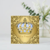 Invitation Fancy Prince Baby shower Bébé Bleu Or (Debout devant)