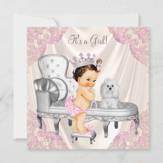 Invitation Fancy Princess Baby shower Ivory Pink Chaise (Devant)