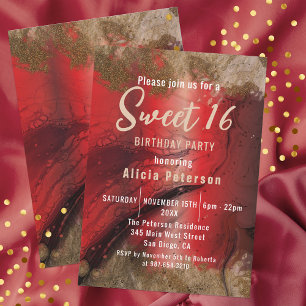 Invitation Fancy Red Gold Glam Luxury Marble Paint Sweet 16