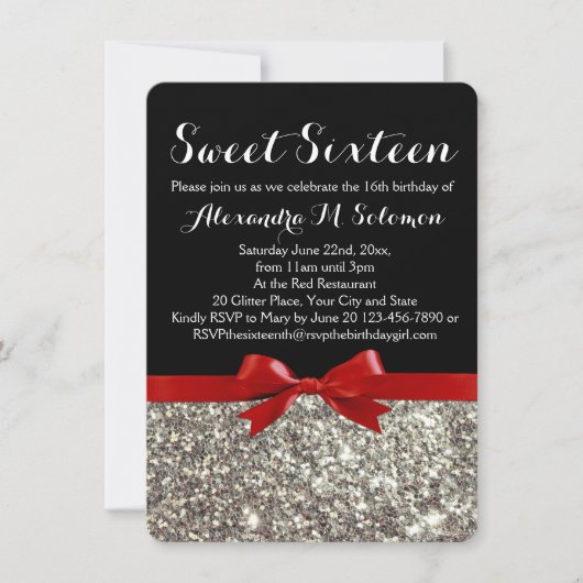 Invitation Fancy Red Silver Parties scintillant Sweet 16 Part (Devant)