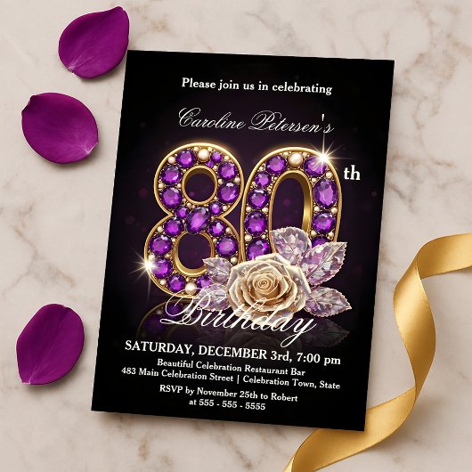 Invitation Fancy Regal Rose Amethyst Gold 80th Birthday