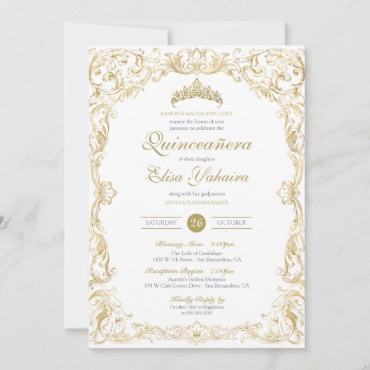 Invitation Fancy Regal White Gold Elegant Quinceanera (Devant)