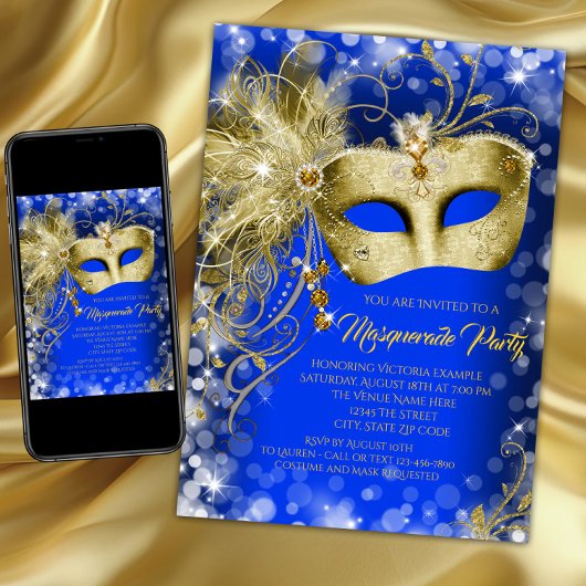 Invitation Fancy Royal Blue Gold Parties scintillant Masquera