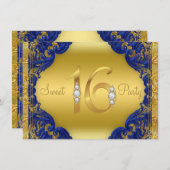 Invitation Fancy Royal Blue Gold Sweet 16 fête d'anniversaire (Devant / Derrière)