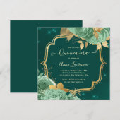 Invitation Fancy Sage Green Emerald Gold Floral Quinceanera (Devant / Derrière)