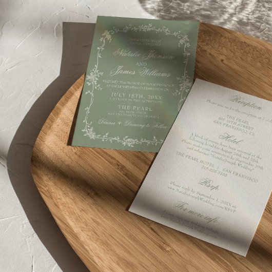 Invitation Fancy Sage Green Floral Boho All In One Wedding 