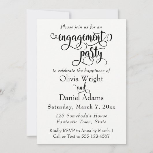 Invitation Fancy Script Lettres Black White Engagement Party (Devant)