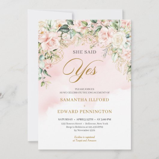 Invitation Fancy script rose roses elle a dit oui fiançailles (Devant)