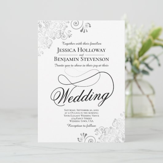 Invitation Fancy Script with Flourish Silver & White Wedding (Debout devant)