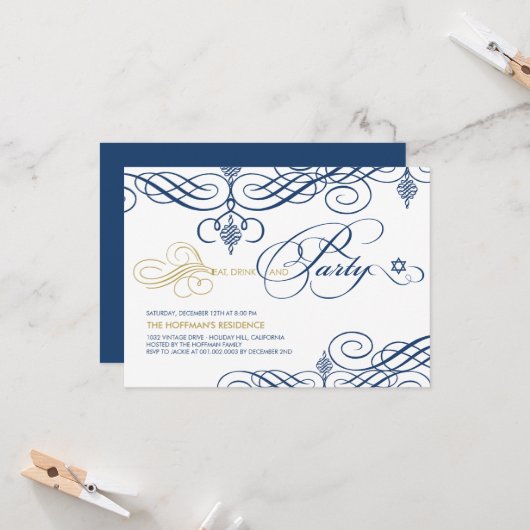 Invitation Fancy Scrolls Manger Boire & Fête Hanoukka Holiday (Devant/Arrière en situation)