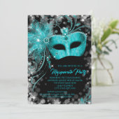Invitation Fancy Teal Blue Glitter Masquerade Party (Debout devant)