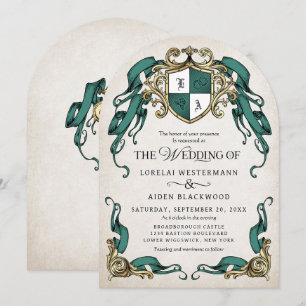 Invitation Fantaisie Bouclier Médiéval Émeraude Vert Mariage
