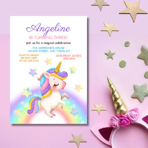 Invitation Fantaisie Étoiles Arc-en-ciel Licorne Fille Annive
