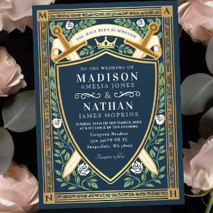 Invitation Fantaisie Florale Bleue Épées Bouclier Monogramme 