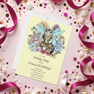 Invitation Fantaisie Pastel Chat Féerique Tigré Floral