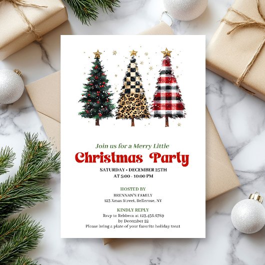 Invitation fantaisiste léopard et arbre de Noël or