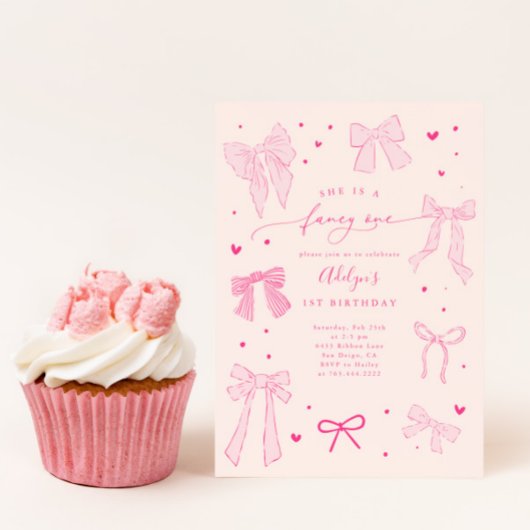 Invitation Fantastique ONE Coquette Bow rose fête d'anniversa