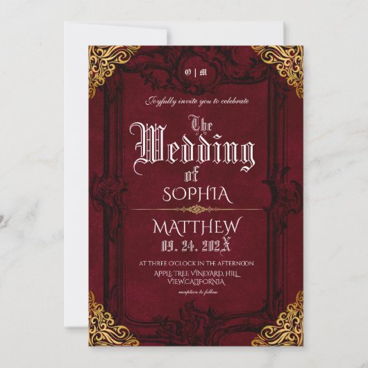 Invitation Fantasy Medieval Royal Burgundy Gold Wedding (Devant)