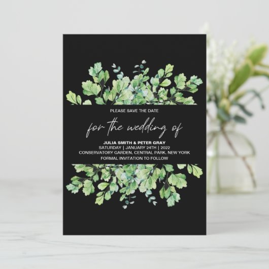 Invitation Fantom Black Leafy Enregistrer Le Mariage Date (Debout devant)