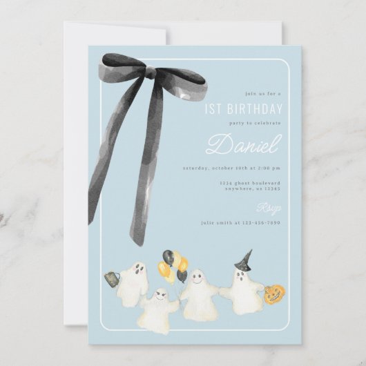 Invitation Fantôme d'Halloween et Bow noir Anniversaire (Devant)