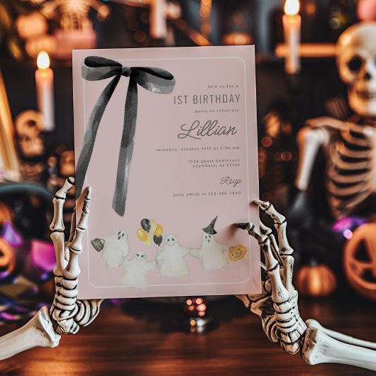 Invitation Fantôme d'Halloween rose et Bow noir Anniversaire