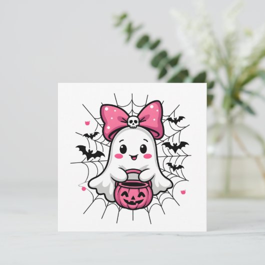 Invitation Fantôme effrayant avec un ruban rose pour la sensi (Debout devant)