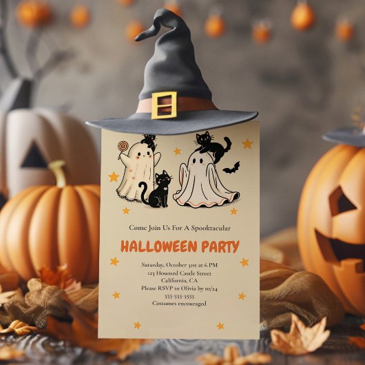 Invitation Fantôme mignon et fête d'Halloween de chat noir