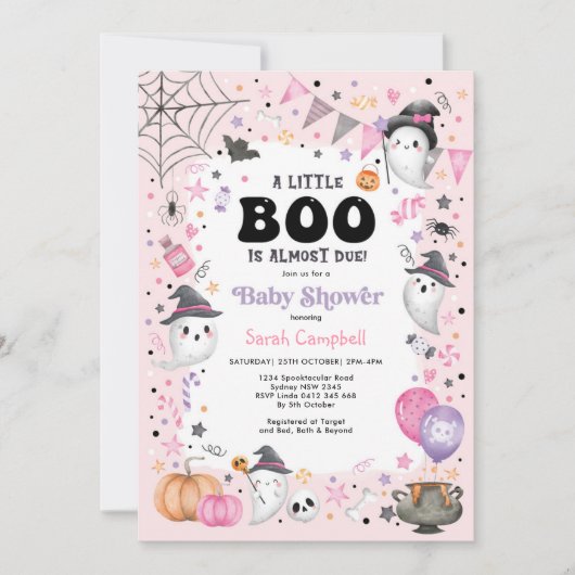 Invitation Fantôme rose Halloween Baby shower fille Boo (Devant)