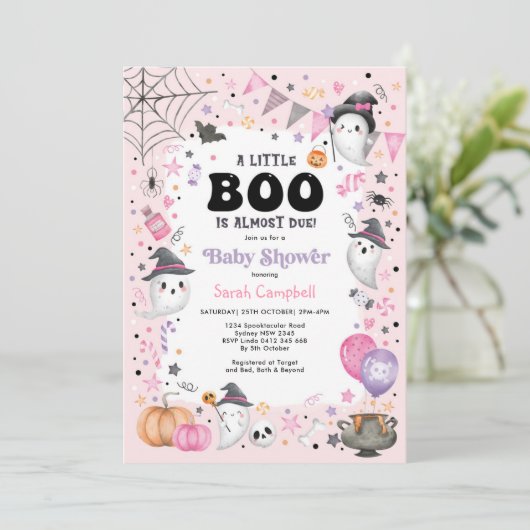 Invitation Fantôme rose Halloween Baby shower fille Boo (Debout devant)